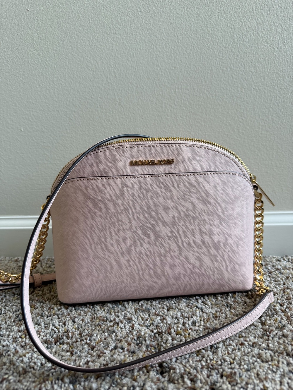 Michael Kors Pale Pink Saffiano Dome Crossbody with Gold Chain